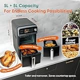 BiutiViita 10L Double Stack Air Fryer with Dual Basket & 2 Drawers – 2400W Dual Air Fryer for Even Heating with 4 cooking levels | 9-in-1 Modes, Sync&Match, Shake Reminder，Large for Family Capacity