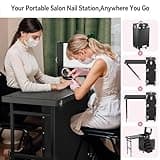 Warmiehomy Professional Manicure Table Nail Station, Portable Nail Desk, Mobile Makeup Trolley Case on Wheels, Nail Beauty Tech Station with Drawers/Mirror/Speaker Lock for Salon Travel Use, Black