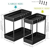 PurKeep 2 Pack Under Sink Storage - 2 Tier Kitchen Storage and Organisation Cupboard Organiser, Under Sink Shelf, Under Cabinet Organizer with Hooks, for Bathroom Kitchen Countertop, 2 Size 1L+1M