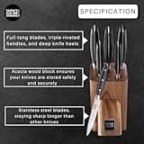 Taylors Eye Witness 6 PCE Kitchen Knife Block Set - 5 Useful Knives, Acacia Wood Block. Stainless Steel Precision, Full Tang & Durable. Including Paring, Veg, Chef, Bread & Carving Knives