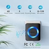 TECKNET Wireless Doorbell, Doorbell IP65 Waterproof Twin Wall Plug-in Cordless Door Chime Kit with 400m Range, 60 Chimes, 120dB Lound 5-Level Volume & Blue Light, Plug in Door Entry Bell