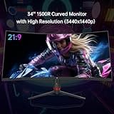 KTC 34 Inch Curved Ultrawide Monitor, UWQHD (3440 x 1440) 180Hz Gaming Monitor, G-Sync, FreeSync, 21:9 VA Panel 1500R, 1ms MPRT, HDR10, 2 x DP 1.4 (180Hz), 2 x HDMI 2.1(100Hz), H34S18S