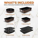 NutriChef Baking Tray Set, Stackable Bakeware Trays, Smart Space Stacking Baking Trays, 8 Pcs Non-Stick Oven Safe Baking Sets w/ Cookie, Loaf Pan, Pizza Pan, Muffin Tins, Cake Tin, Round/Square Pans