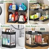 PurKeep 2 Pack Under Sink Storage - 2 Tier Kitchen Storage and Organisation Cupboard Organiser, Under Sink Shelf, Under Cabinet Organizer with Hooks, for Bathroom Kitchen Countertop, 2 Size 1L+1M