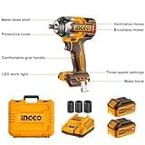 Ingco Brushless Impact Wrench 500Nm Nut-Busting Torque 650Nm, 20V Cordless 1/2Inch Battery Impact Gun, 2200RPM with 2Pcs 4.0Ah Battery and 1Pcs Fast Charger CIWLI2050
