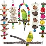 Bird Perch & Toys - 6 Pack Accessories, Wooden Chew Toys & Perch Stand for Parakeet, Conure, Cockatiel, Lovebird, Parrotlet, Budgie, Finches & Other Small to Medium Sized Birds