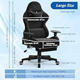 Devoko Fabric Gaming Chair with Footrest, Massage Lumbar Support, Ergonomic Reclining Computer Chair with Headrest for Adults and Teens, Home Office & Gaming Use – Black