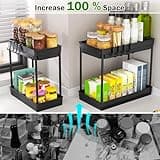 PurKeep 2 Pack Under Sink Storage - 2 Tier Kitchen Storage and Organisation Cupboard Organiser, Under Sink Shelf, Under Cabinet Organizer with Hooks, for Bathroom Kitchen Countertop, 2 Size 1L+1M