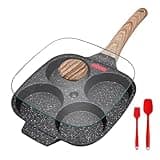 Bobikuke Pancake Pan Non Stick, 4 Hole Egg Frying Pan with Lid Burger Pan Multi Aluminum Fried Egg Pan for Breakfast - Black