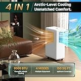 8000 BTU Air Conditioner, 4 in 1 Portable Air Conditioner, Dehumidifier, Fan, Air Purification for 150-300 sq.ft, Ultra Quiet, 24H Timer Cooling for Home [Energy Class A]