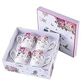 London Boutique Cups Mugs Set 4 Fine China Shabby Chic Vintage Retro Design in Gift Box 330ML (Bird Rose Butterfly)