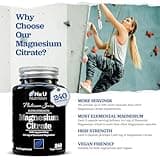 Magnesium Citrate 1480mg - 240 Vegan Capsules - 4 Month Supply - Providing 444mg Elemental Mag - Capsules not Tablets - High Strength Supplement - Made in The UK - Nu U Nutrition