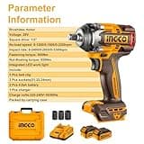 Ingco Brushless Impact Wrench 500Nm Nut-Busting Torque 650Nm, 20V Cordless 1/2Inch Battery Impact Gun, 2200RPM with 2Pcs 4.0Ah Battery and 1Pcs Fast Charger CIWLI2050