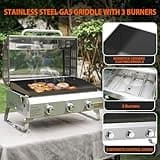 Onlyfire 3-Burner Gas Plancha Portable Tabletop Gas BBQ with Lid &Thermometer, 7KW