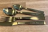 Gold Titanium Plated Personalised Engraved Adult Cutlery Set 4 Piece with Bespoke Presentation Box Professionally Engraved