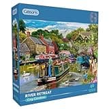 Gibsons River Retreat 1000 Piece Jigsaw Puzzle Beautiful Colourful Artwork Canal Boats Nostalgic Sustainable Jigsaw Puzzle for Adults Teens Premium 100% Recycled Board Great Gift | Gibsons Games