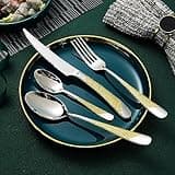 Exeton Luxury Signature 24PCS Cutlery Set, for 6 Person, Stainless Steel, Silver, Gold, 2-in-1 Steak Knives, Dishwasher Safe (Signature - Gold/Silver, 24)