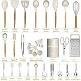 Terlulu Kitchen Utensils Set, 34PCS Silicone Cooking Utensils Set with Wooden Handle, Heat Resistant Silicone Utensil Set, Tongs Spatula Spoon Set for Nonstick Cookware, Kitchen Tools (Khaki)