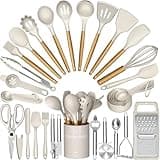 Terlulu Kitchen Utensils Set, 34PCS Silicone Cooking Utensils Set with Wooden Handle, Heat Resistant Silicone Utensil Set, Tongs Spatula Spoon Set for Nonstick Cookware, Kitchen Tools (Khaki)