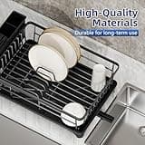 PurKeep Dish Drainer Rack - Space-Saving Dish Rack with Utensil Holder for Kitchen Counter, Large Capacity Dish Drying Rack with Draining Board, Black