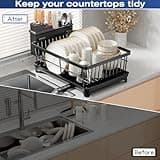 PurKeep Dish Drainer Rack - Space-Saving Dish Rack with Utensil Holder for Kitchen Counter, Large Capacity Dish Drying Rack with Draining Board, Black