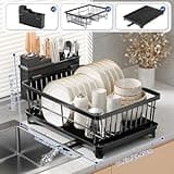 PurKeep Dish Drainer Rack - Space-Saving Dish Rack with Utensil Holder for Kitchen Counter, Large Capacity Dish Drying Rack with Draining Board, Black
